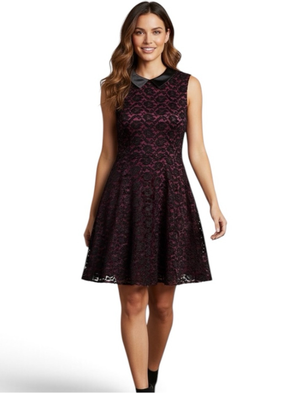 BETSEY JOHNSON Burgundy Black Lace Overlay Dress